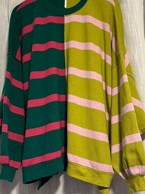 Free People Uptown Striped Pullover Sweater/Sweatshirt Over-Sized Green Pink M